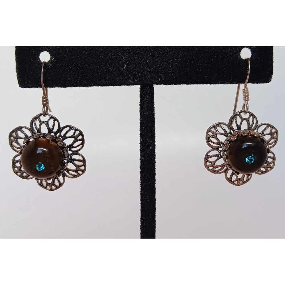 Vtg Sterling Silver Hook Mixed Metal Filagree Flower Blue Brown Stone Earrings